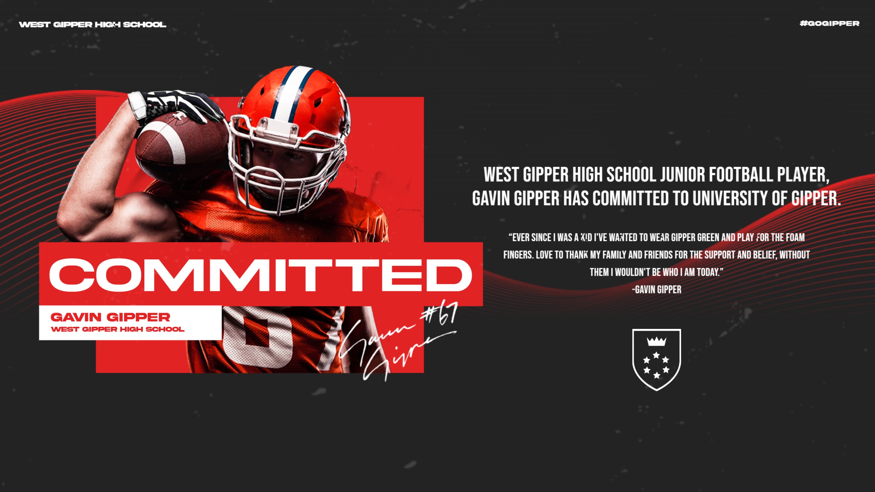 Football Commitment Graphic Template showing a football player in action along with text stating that they are committed to a university/ college.