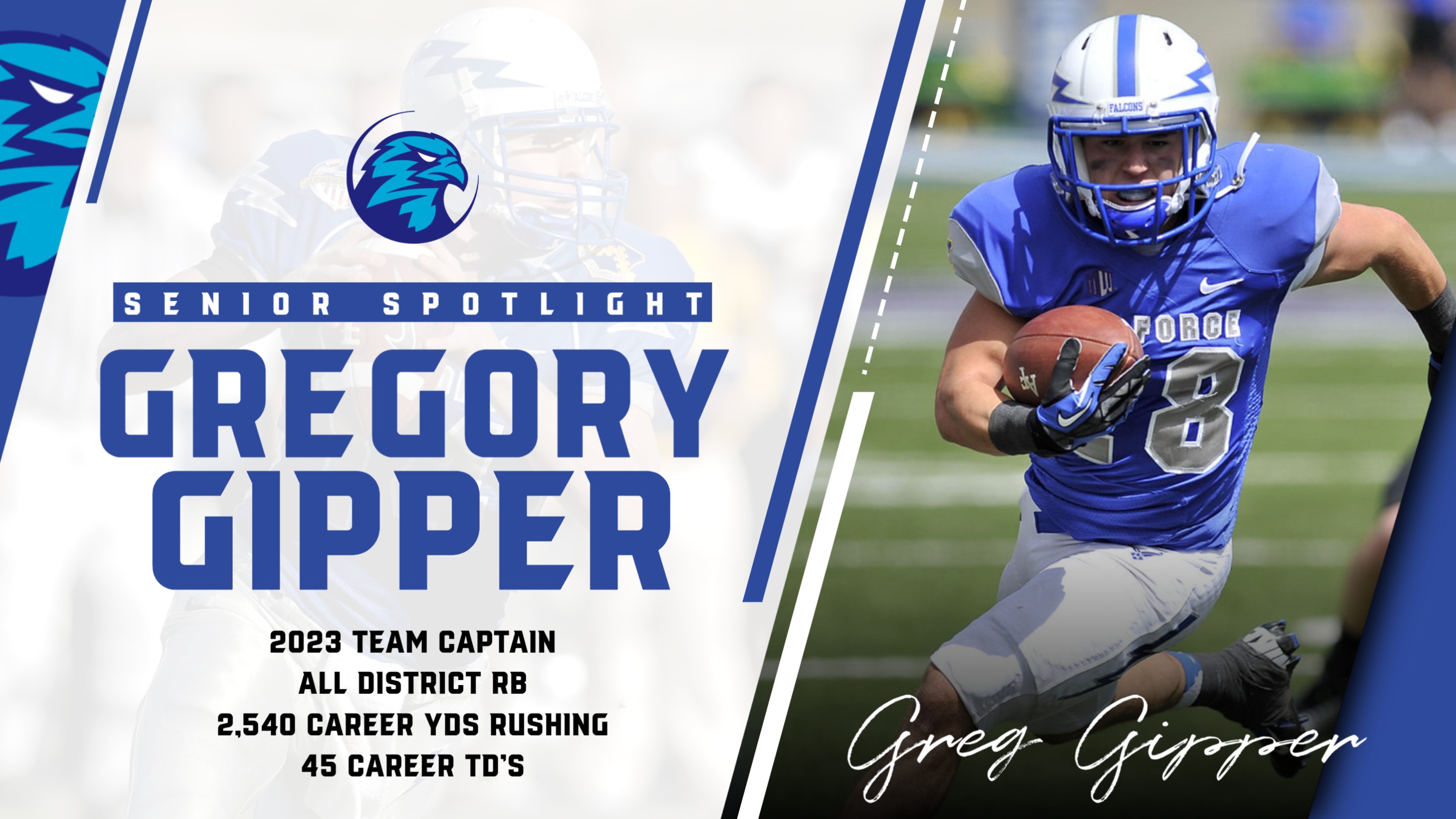 Blue & white Football Senior Spotlight Graphic Template showing a football player in action with career stats, created with senior spotlight template.