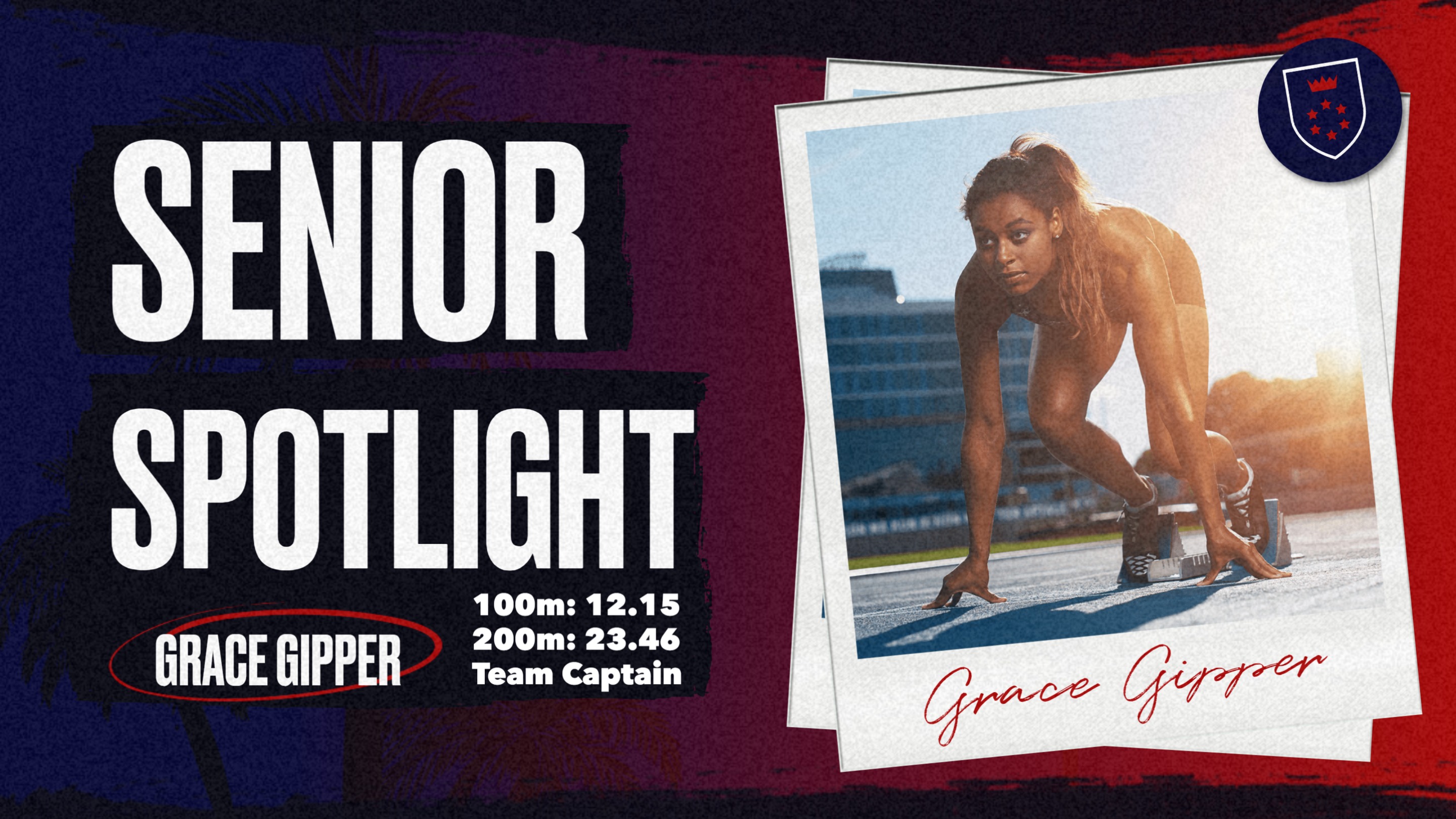 Red & Blue Track Senior Spotlight Graphic Template showing a track athlete in action with career stats, created with senior spotlight template.