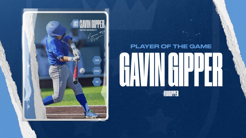 blue baseball player of the game graphic showing a baseball player in action mocked up in a baseball card with stats