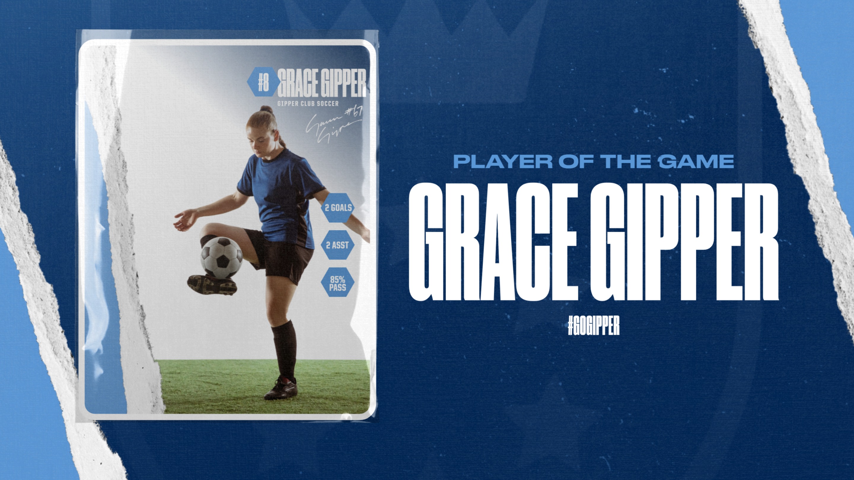 blue soccer player of the game graphic showing a soccer player in action, with graphic content communicating stats for that player