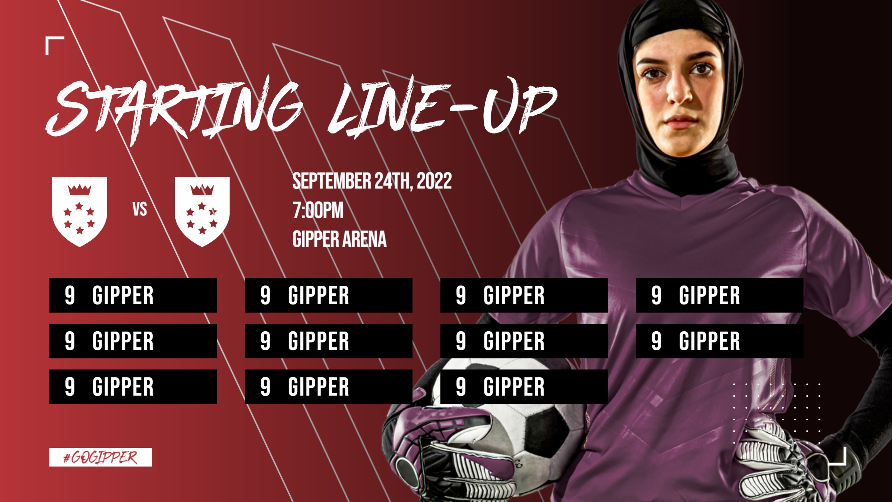 red soccer starting lineup graphic showing a soccer player posed, with graphic content communicating who is starting the game