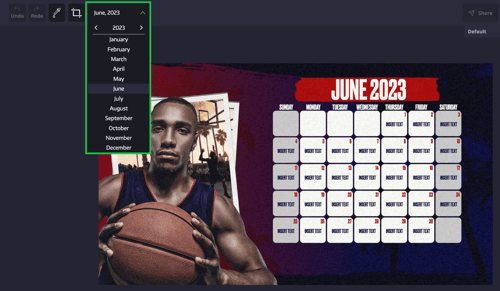 Image showing the drop down options for Gipper's calendar picker functionality that allows you to select a month and year for its 30-day calendar template graphic