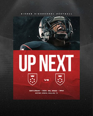 Gipper next game graphic template featuring photo of young male football player, Up Next headline text, team logo images, and game day information text. Set on a red and black background