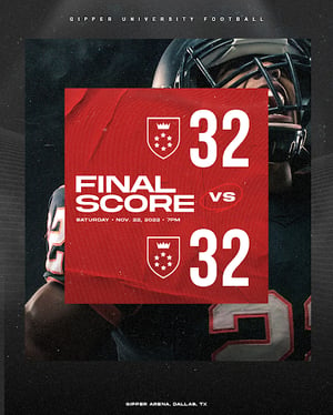 Gipper final score graphic template with a final score headline, final score text and team logos, set against a photo background of a young male football player. Black and red color scheme