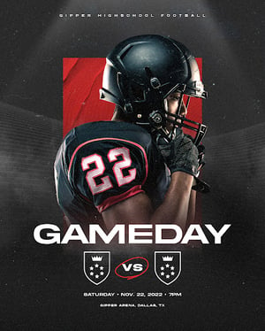Gipper's new game day graphic template featuring cutout of male football player, game day information, and a black and red color scheme
