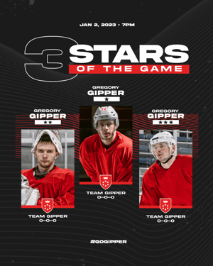 Gipper three stars of the game graphic template, featuring three photos of three young male hockey athletes, their names, and some key statistics. Red and black color scheme