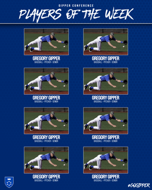 Gipper Player of the Week graphic template showcasing eight photos of baseball players diving for a catch