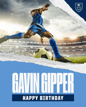 Happy birthday graphic template from Gipper showcasing a soccer athlete about to kick a ball, with a "Happy Birthday" message on the graphic