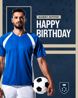 Gipper birthday graphic showcasing male soccer athlete with Happy Birthday message