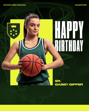 Gipper birthday graphic template featuring female basketball athlete with Happy Birthday message
