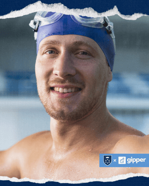 Gipper picture frame graphic template showcasing male swimmer smiling into a camera with a blue frame