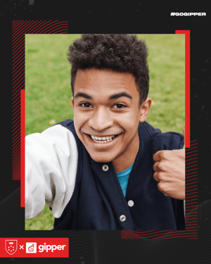 Gipper framed graphic template showcasing photo of smiling young adult male framed with a black and red border