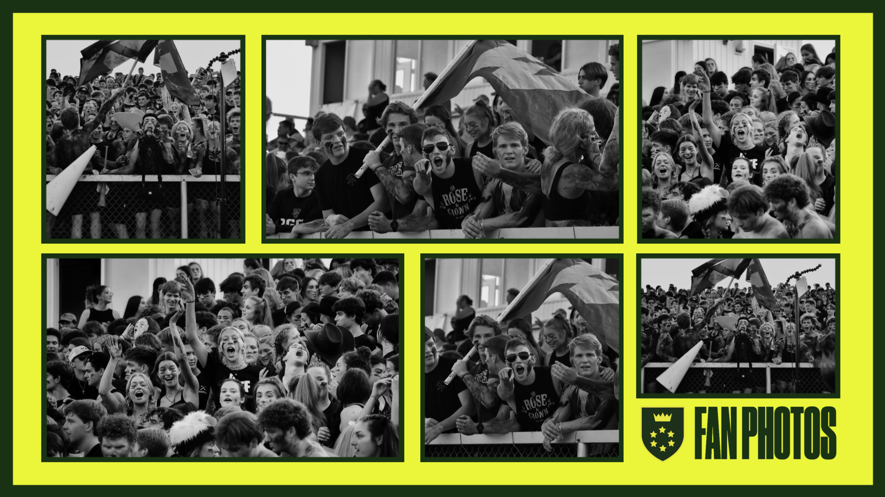 Gipper's Fan Photos graphic template featuring a collage of six black and white photos of cheering fans set against a yellow background
