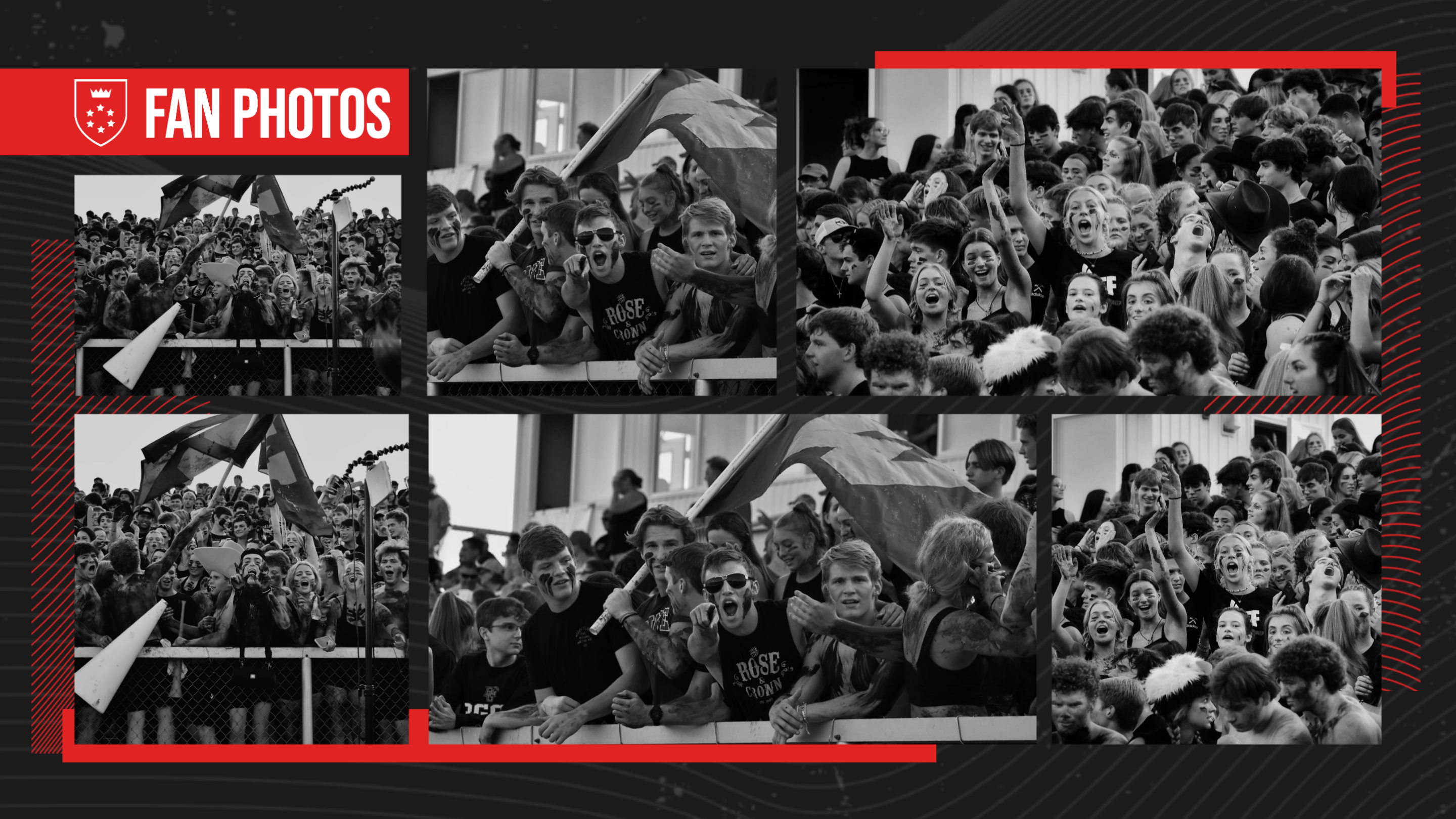 Gipper's Fan Photos graphic template featuring a collage of six black and white photos of cheering fans set against a black and red background