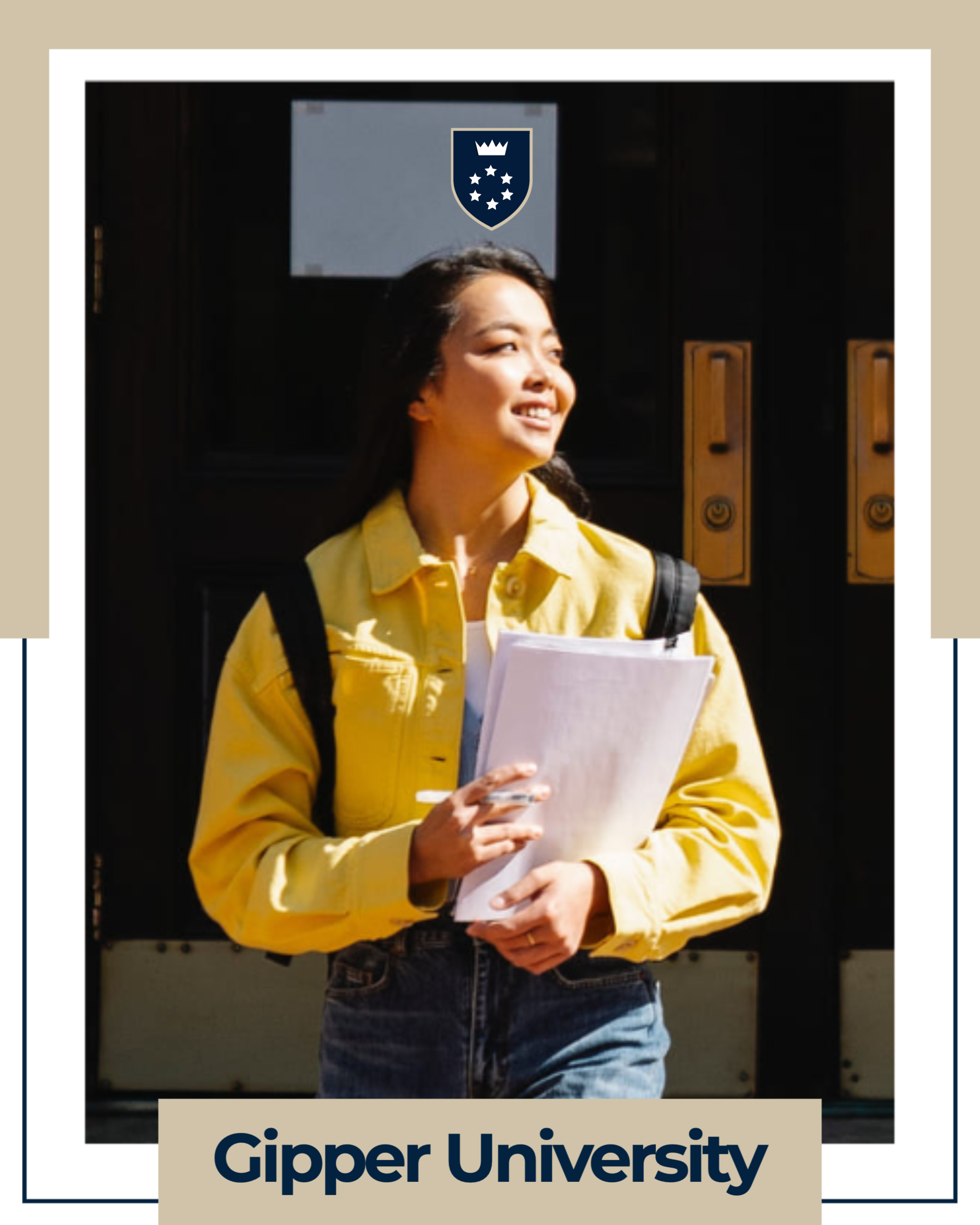 Gipper branded frame template showcasing a photo of a young female student wearing a yellow jacket and wearing a backpack walking with papers inside a white, tan, and navy picture frame