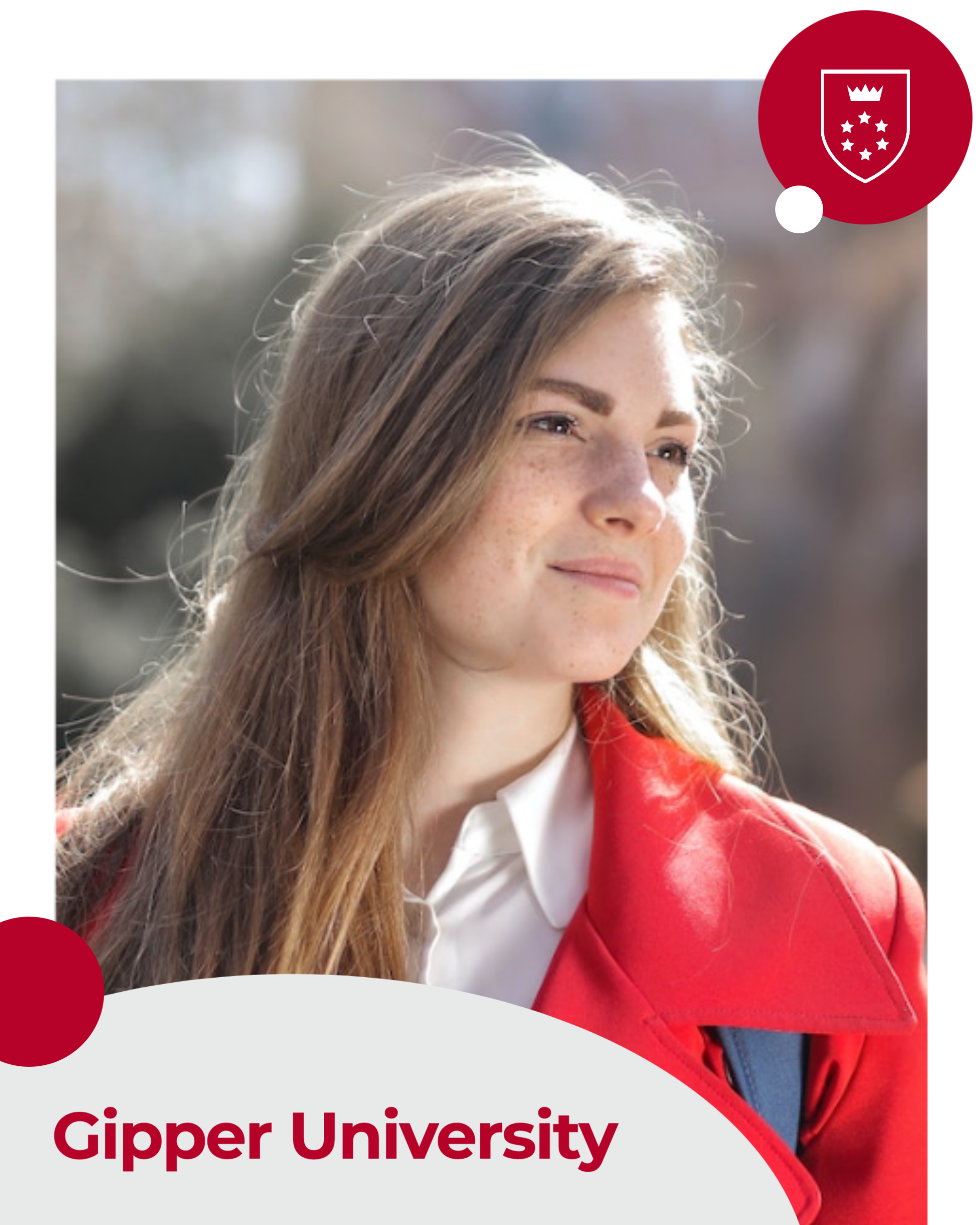 Gipper branded media template featuring young female student in a red jacket with a white and red branded frame around the picture