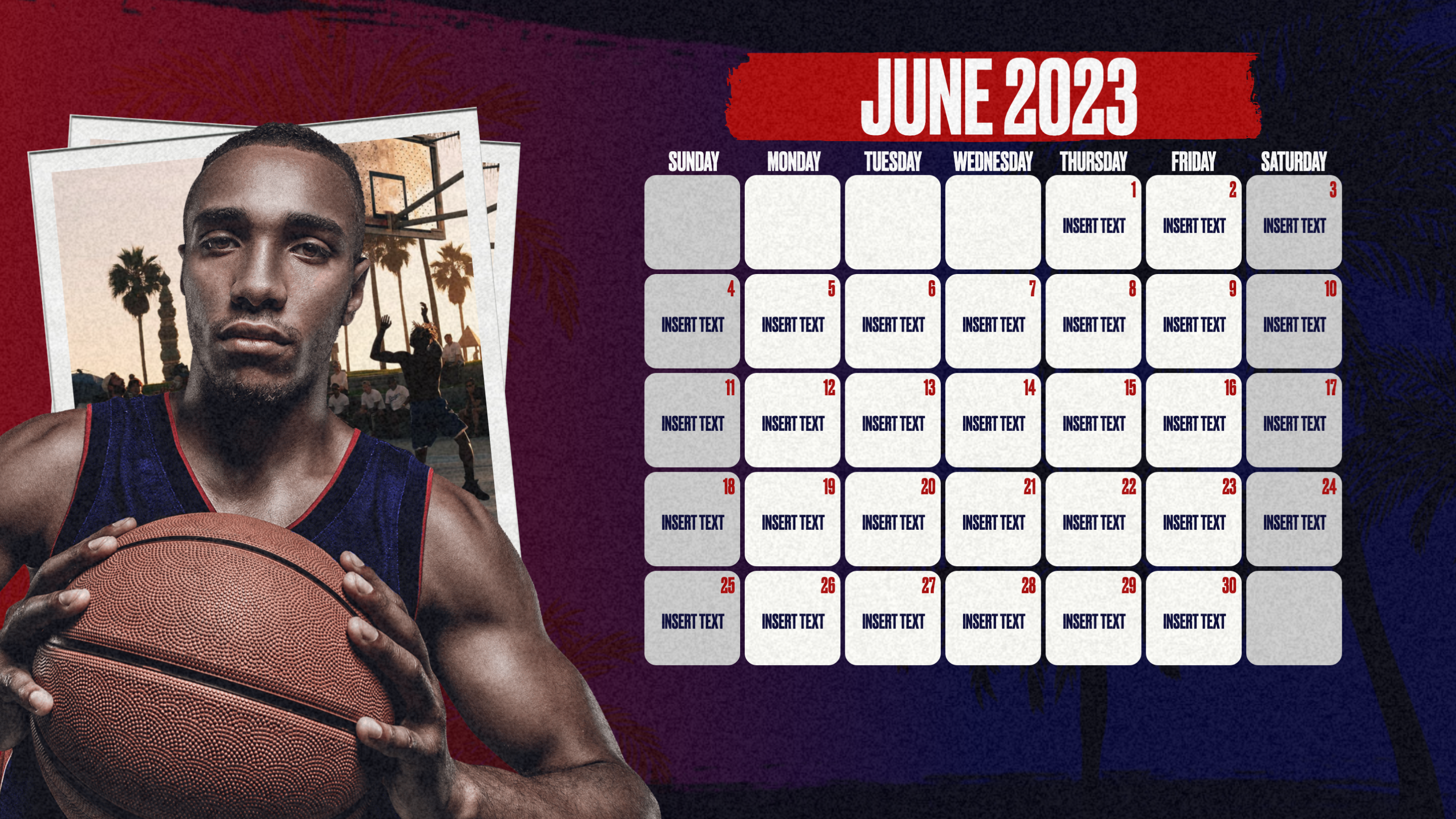 Gipper's 30-day calendar graphic template featuring image of a young male basketball player and a calendar showcasing 30-days. Blue, red, and white color scheme