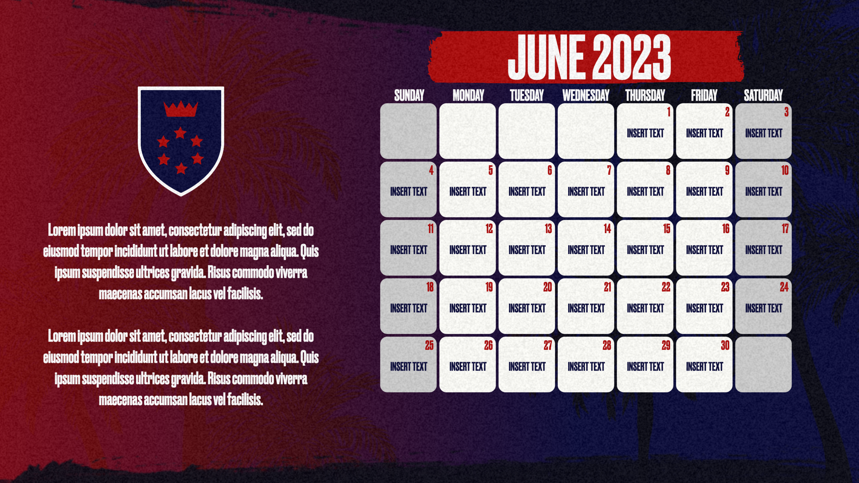 Gipper's 30-day calendar template showcasing a school logo, text, and monthly events calendar. Color scheme is blue, red, and white