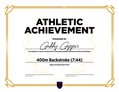 Gipper default Athletic Achievement graphic template showcasing a certificate with gold border and laurels, with space for an athlete's name, achievement, and admin signature