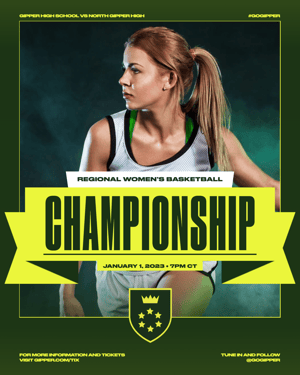 Gipper's championship gameday graphic template showcasing young female basketball player framed by a green border and yellow "Championship" text