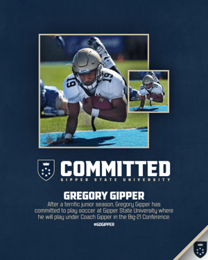 College Commitment Graphic Template from Gipper showing sample athlete in action, and announcing their commitment to respective university.