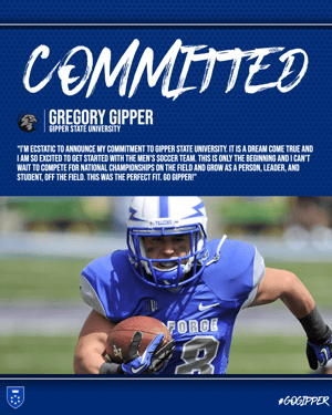 Commited athlete announcement graphic template from Gipper highlighting a photo of a high school athlete who has committed to a college or university