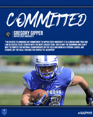 Commited athlete announcement graphic template from Gipper highlighting a photo of a high school athlete who has committed to a college or university