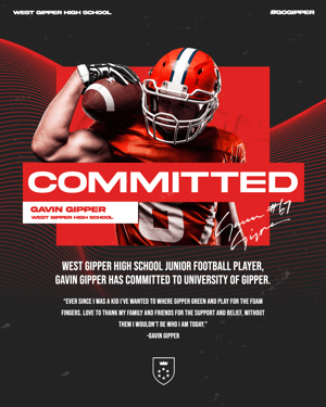Gipper's commitment template showcasing a cutout image of a male football player with "Committed" text plus am image of the athlete's signature. Color scheme is red, black, and white