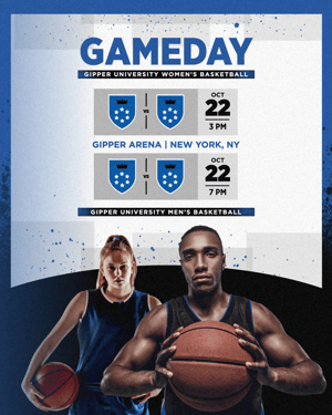 Gipper double header gameday graphic featuring two cutouts of a male and female youth basketball player, game day title text, and space to include information for two game day events. Color scheme is blue and white 