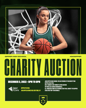 Gipper's charity event graphic template showcasing photo of a young female basketball player with text information for charity auction