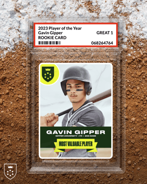 Gipper baseball card template showcasing photo of a baseball athlete in a clear casing on a baseball diamond background