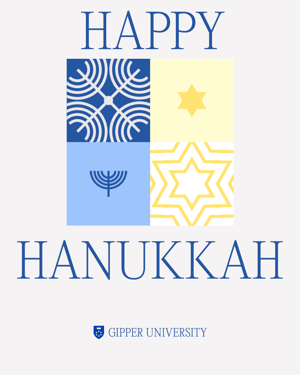 Gipper Hanukkah graphic template featuring Happy Hanukkah text and Hanukkah star and menorah images