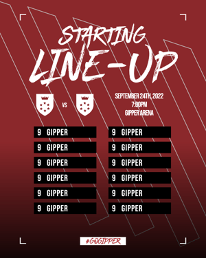 Gipper starting lineup template featuring "starting line-up" title, two school logos, and 12 athlete names and numbers, in red and white color scheme