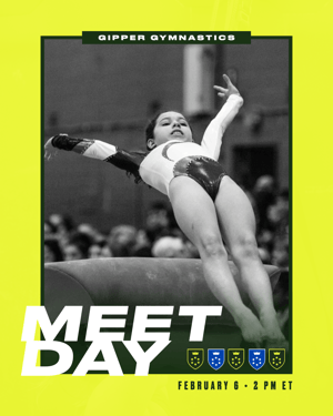 Gipper's gymnastics meet day graphic template featuring a photo of a young female gymnast outlined by a yellow border