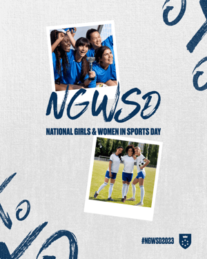 Gipper's graphic template for celebrating National Girls & Women in Sports Day, featuring polaroid photos of a group of girls cheering and one of a group of female soccer teammates. White and blue color scheme