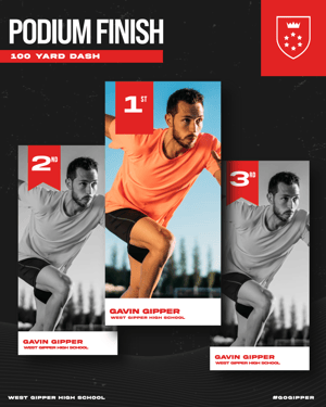 Gipper podium finish graphic template featuring three photos of a young male track athlete in first, second, and third place. Color scheme is red and black. 