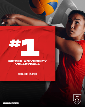 Gipper's rankings graphic template showcasing photo of a young female volleyball player with a red text box with ranking information. Color scheme is red and white.