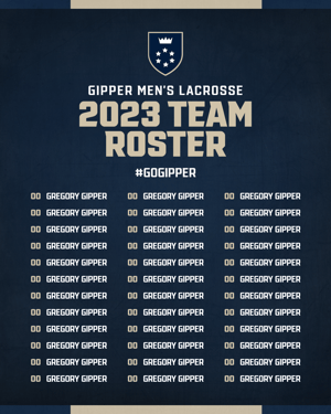 Gipper's 2023 team roster template with "2023 Team Roster" title text, and 36 spaces for player names and numbers. Color scheme is navy, beige, and white.