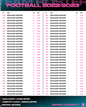 Gipper's season roster template showcasing a list of 62 athlete names, numbers, position, and grade. Color scheme is pink, blue, and white