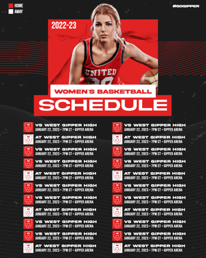 Gipper's 2022-2023 season schedule graphic template featuring a list of 22 games and events alongside a photo of a young female basketball player