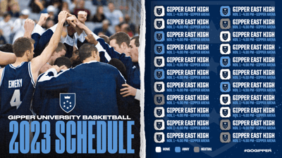 Gipper default 2023 full season schedule graphic template showcasing photo of a male basketball team and 22 calendar events. 