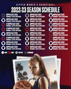 Gipper's 2022-2023 season schedule graphic template featuring a list of 24 events and a young female basketball player