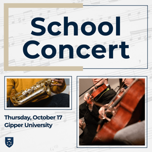 Gipper School Concert graphic template showcasing two photos of a saxophone player and two violin players