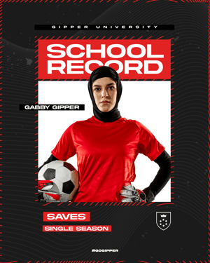 Gipper school record graphic template showcasing cutout of a young female soccer player, with "school record" title text, the athlete's name, and stat line. Color scheme is black, red, and white. 
