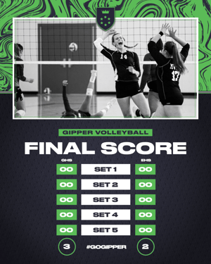 Gipper's graphic template for volleyball showcasing photo of girls' volleyball team celebrating and breakdown of final game score by five sets