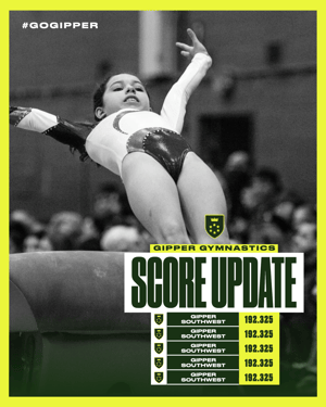 Gipper's gymnastics score update graphic template featuring a photo of a young female gymnast with a yellow border