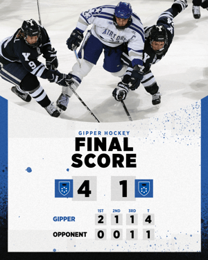 Gipper hockey final score update featuring action photo of young male hockey players, a final score line and a period score breakdown. Color scheme is white and blue with speckled textrue