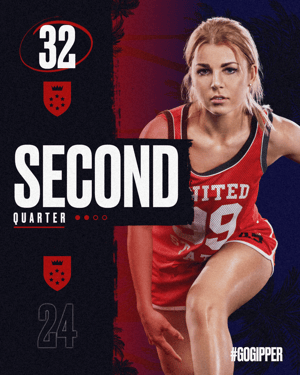 Gipper score update featuring score between two teams and a cutout photo of a young female basketball player in red and blue color scheme