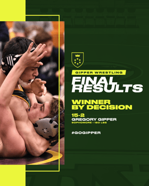 Gipper final results graphic template for wrestling, showcasing photo of two young male wrestlers in action, with "final results" title text. Green and yellow color scheme.